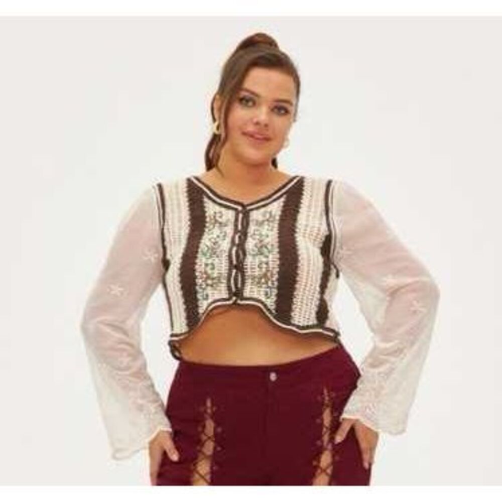 Cider Crochet Embroidered Crop Cardigan Boho Floral Sheer Sleeve Top Size S